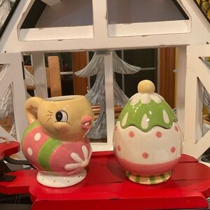 Whimsical Ceramic Chick Creamer and Sugar Set - Pink Green